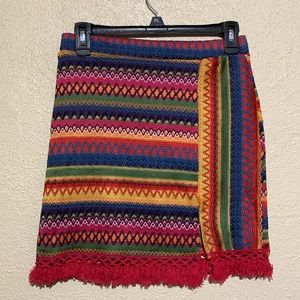 Shein Mini Skirt M Multi-color Stripes Embroidered Fringe Polyester Pull on